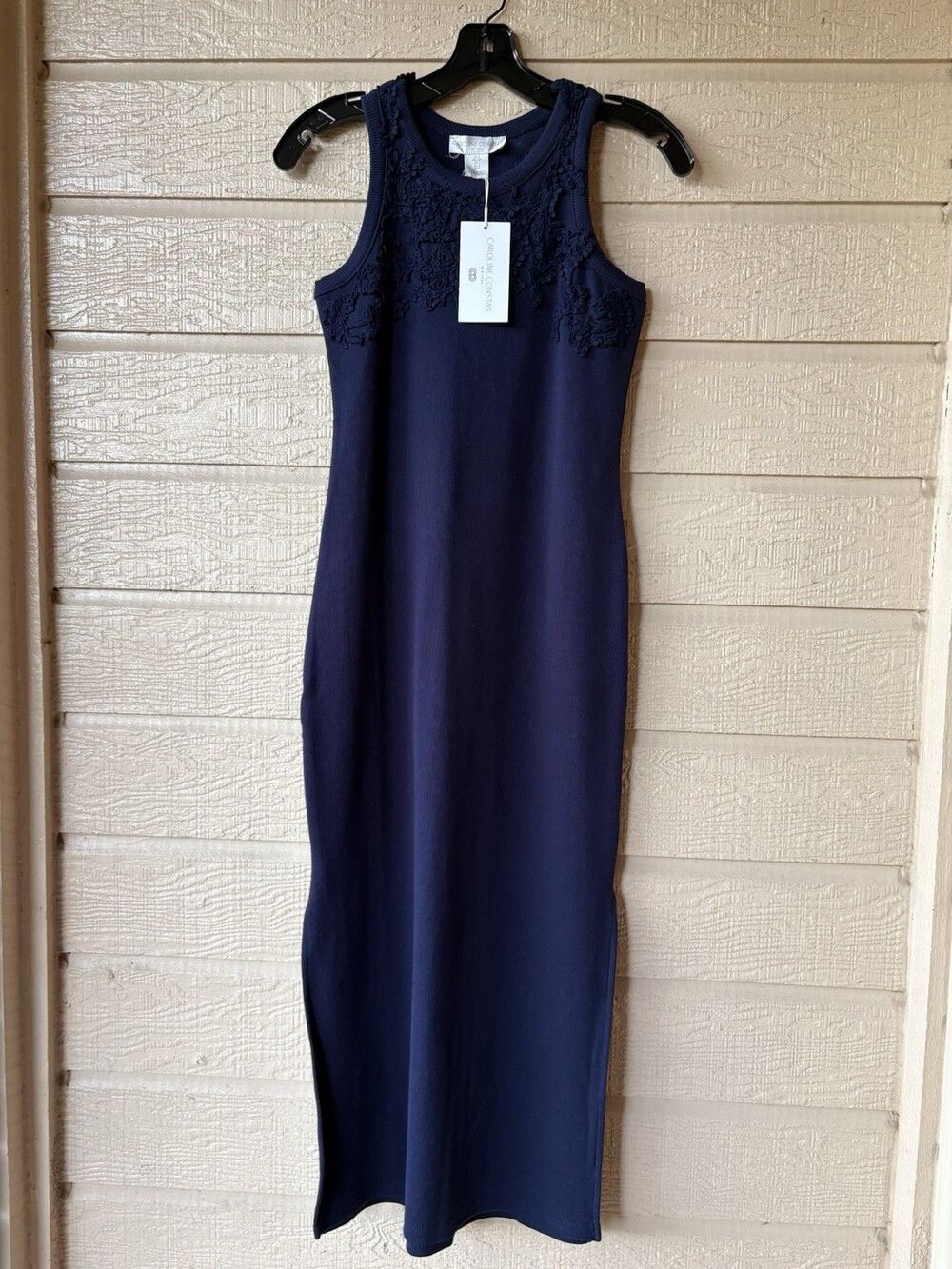 Caroline Constas women Navy Crochet Lace Rib Knit Midi Tank Dress size Large